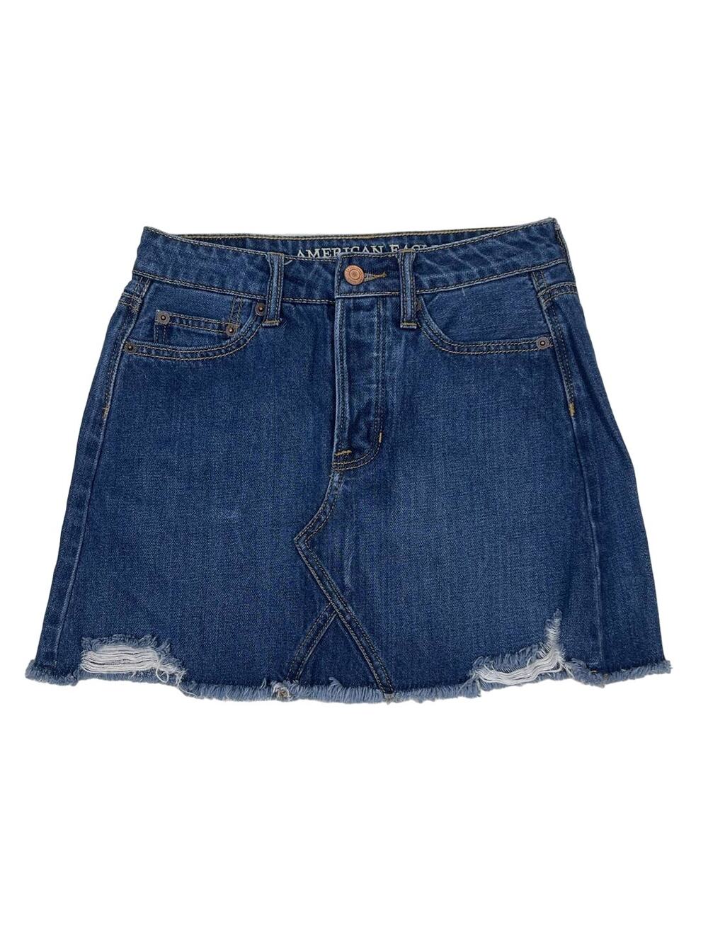 American Eagle Raw Hem Denim Mini Skirt Women's Size 00 Blue Distressed